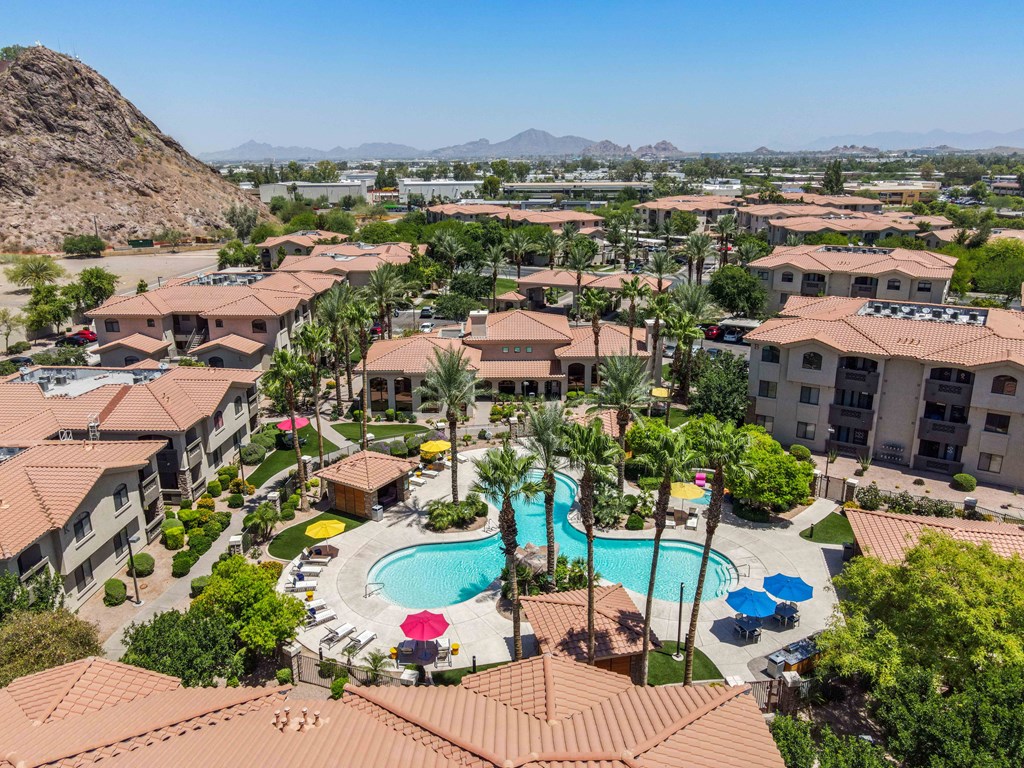 an aerial view of san portella apartments in tempe arizona