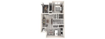 A white 3D floor plan of a small apartment with a kitchen, living room, and bathroom.