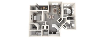 A 3D floor plan of a house with a kitchen, living room, and bedrooms.