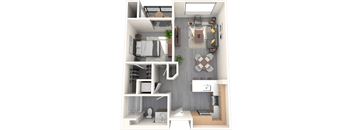 A 3D floor plan of a small apartment with a living room, kitchen, and bedroom.