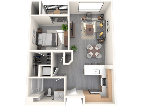 A 3D floor plan of a small apartment with a living room, kitchen, and bedroom.
