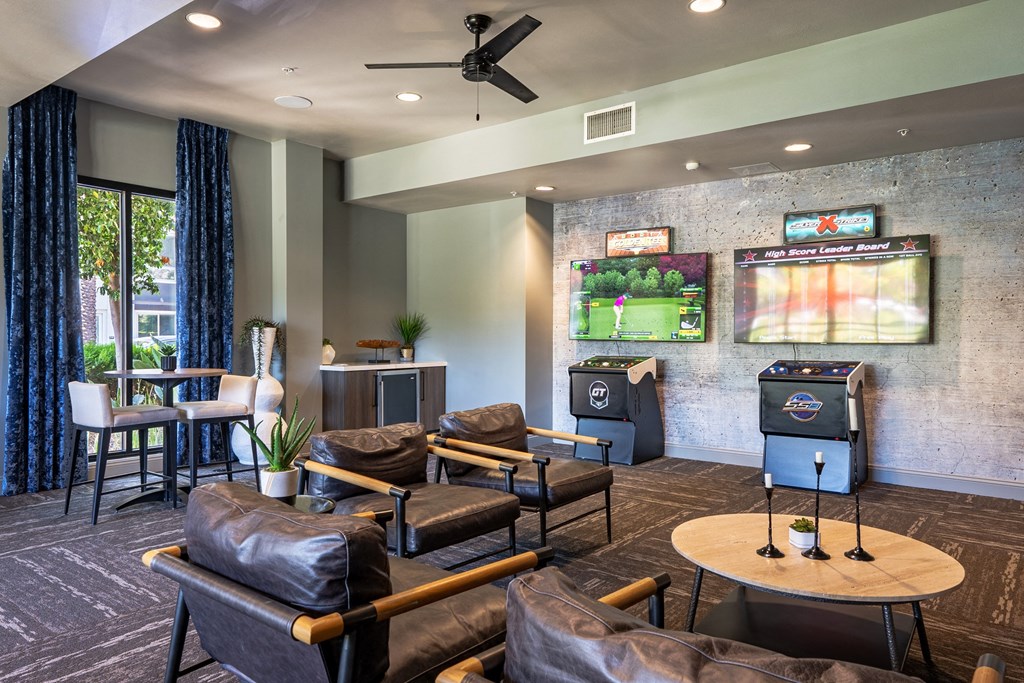 a living room with couches and a tv and a table with a projector
