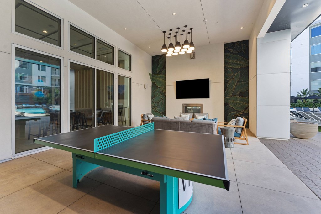 a ping pong table in the living room of a house