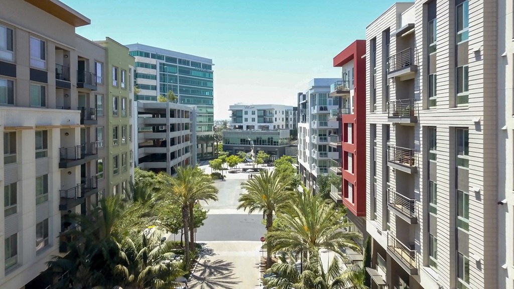 a city street filled with tall buildings and palm trees