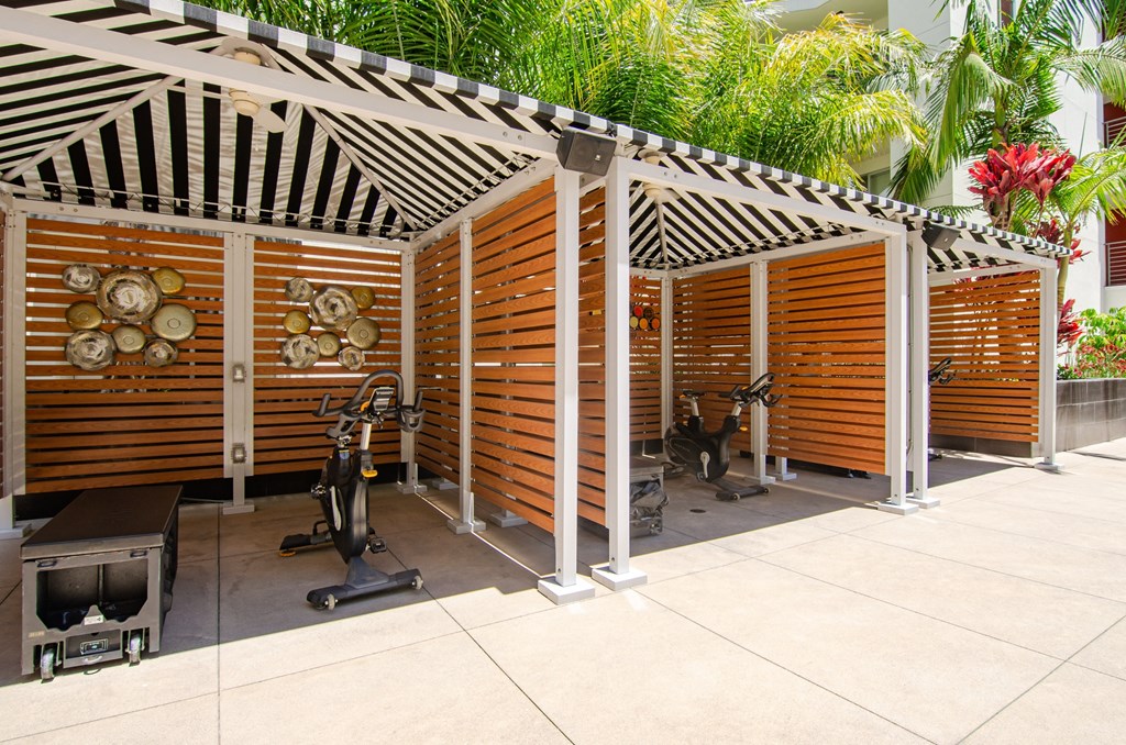 a gym with weights and equipment in a patio with awning