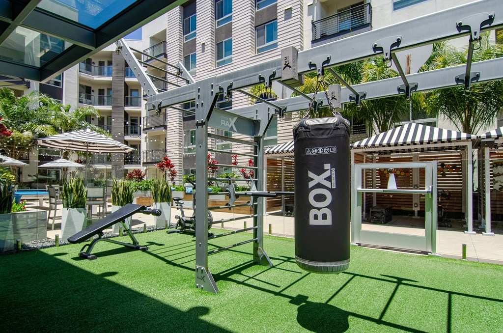 a workout area with a swing and weights on the grass