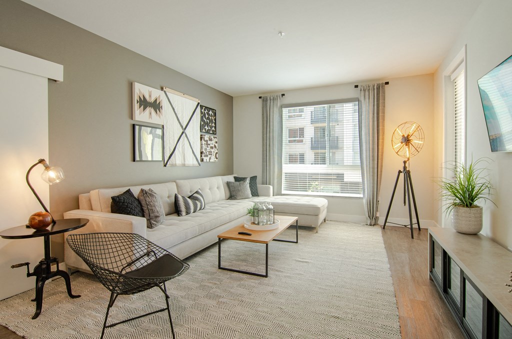 a living room with a couch and a chair and a window