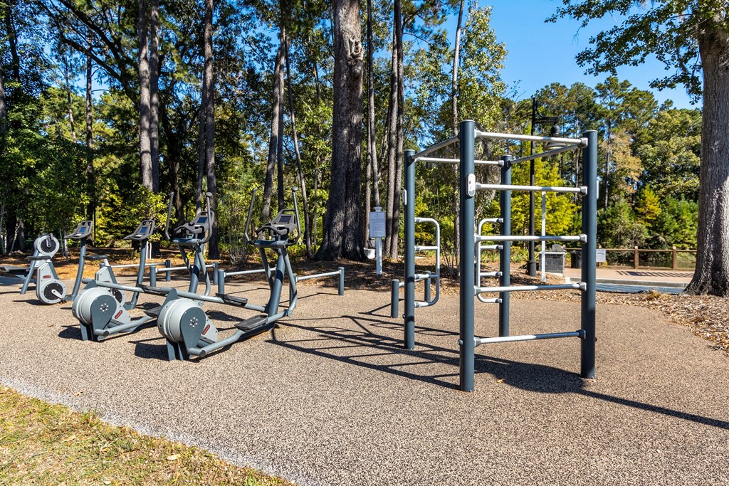 a group of exercise equipment in a park with trees