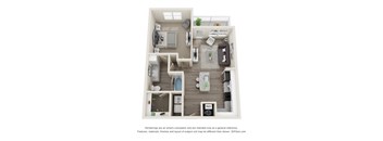 A 3D floor plan of a small apartment with a kitchen, living room, and bathroom.
