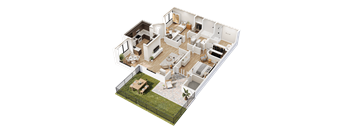 A 3D rendered image of a modern house interior.