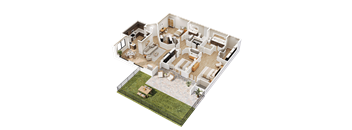 A 3D rendered image of a house interior.