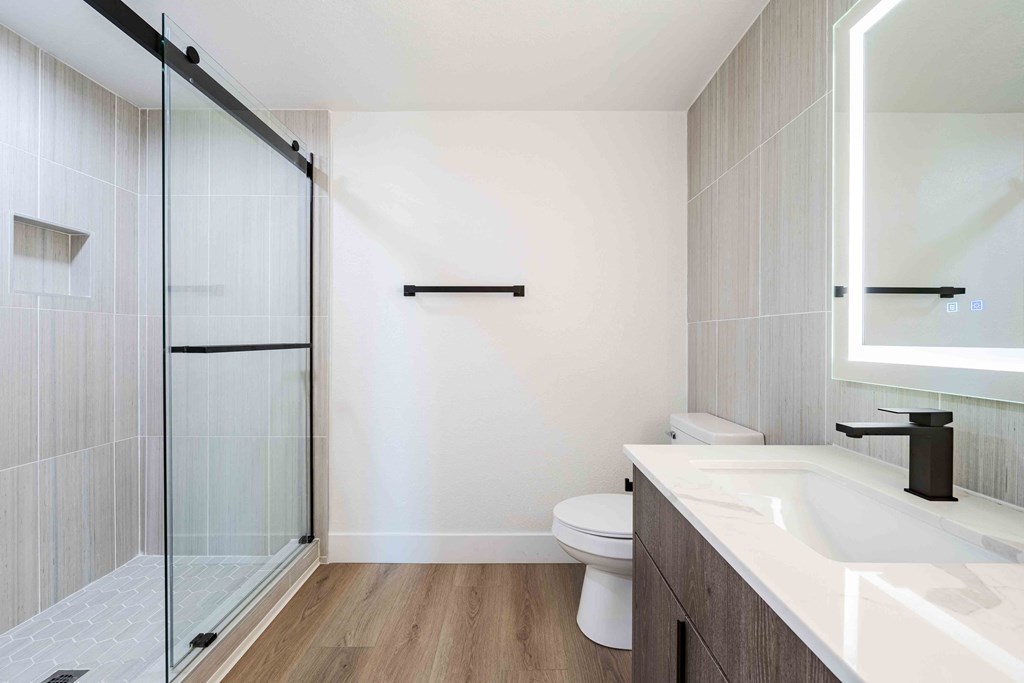 a bathroom with a sink toilet and a shower