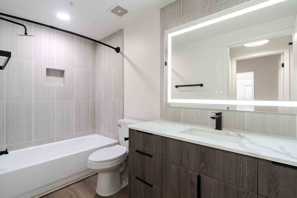 led backlit mirror and bathtub