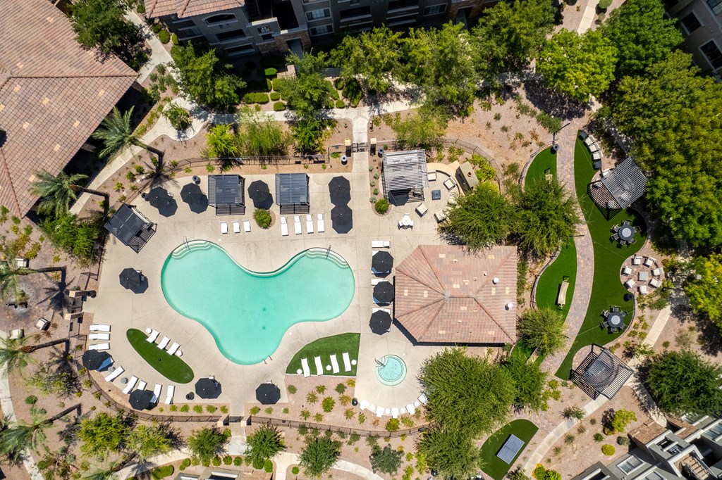 an aerial view of a swimming pool with umbrellas and trees