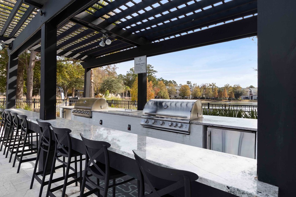 a view of a pool of water under a metal roof