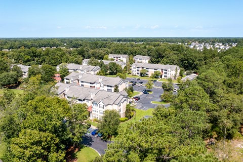 a aerial view of a cluster of buildings surrounded by trees