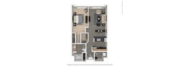 A floor plan of an apartment with a kitchen, living room, and two bedrooms.