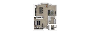 A 3D rendered image of a house layout.