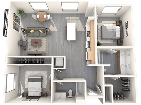 A 3D floor plan of a small apartment with a living room, kitchen, and bedroom.