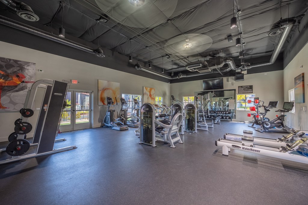 a large fitness room with exercise equipment and paintings on the wall