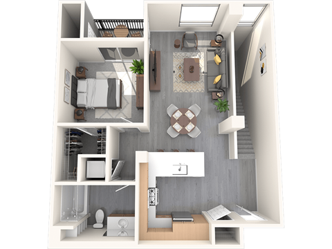 a 3d rendering of a 1 bedroom apartment with a bathroom and a living room
