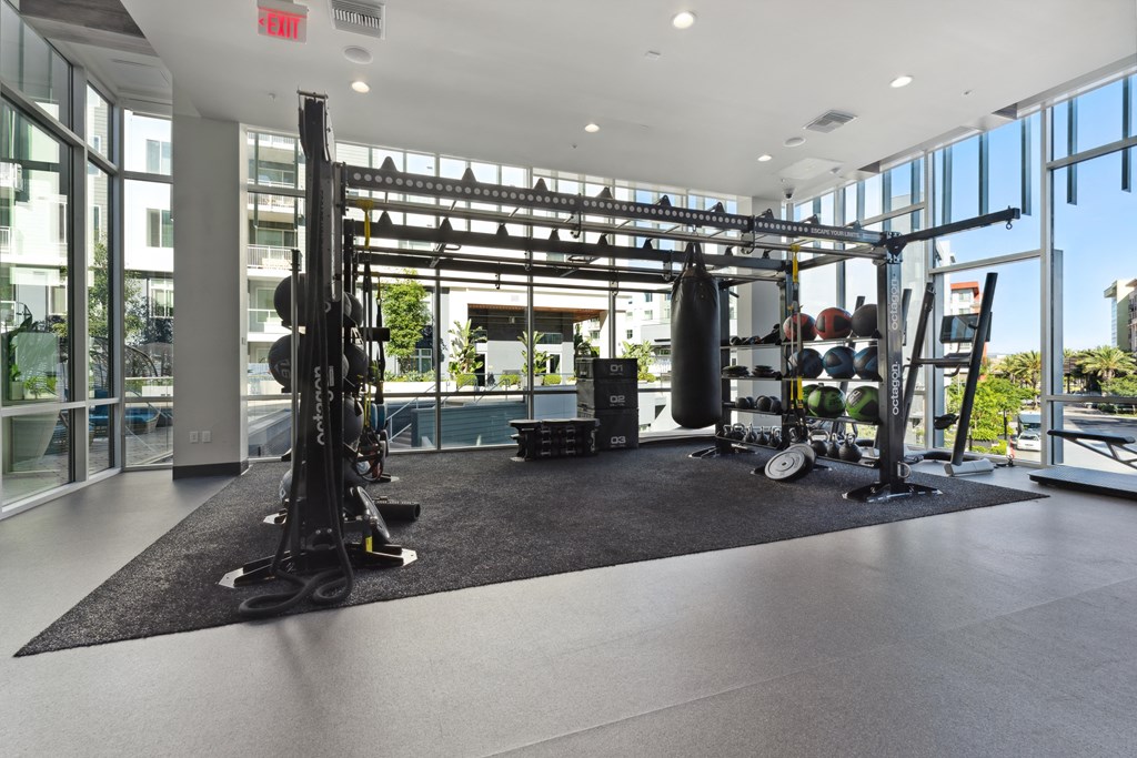 a gym with weights and other equipment in a building with glass windows