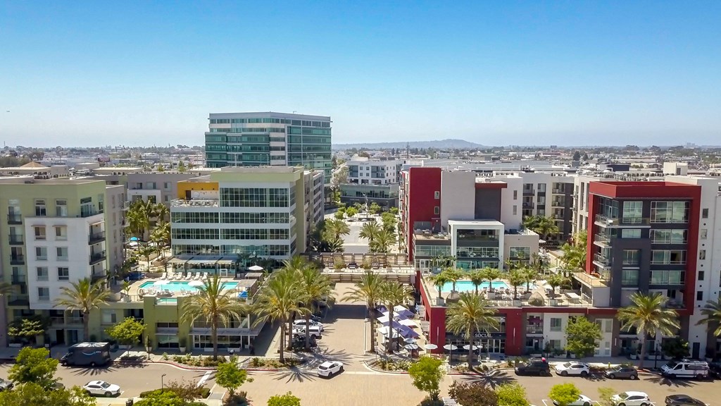 A view of a city with buildings, cars and palm trees.