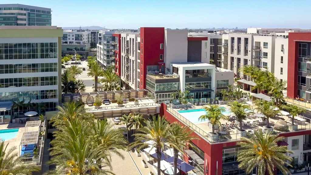 A view of a pool and palm trees from a high angle.