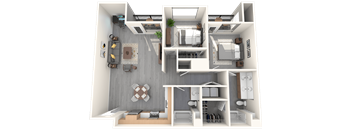 A 3D floor plan of a house with a kitchen, living room, and bedrooms.