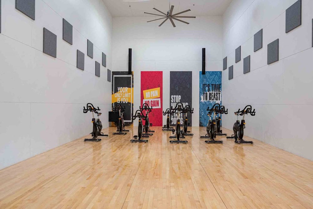 a gym with a wooden floor and a white wall with colourful paintings on it