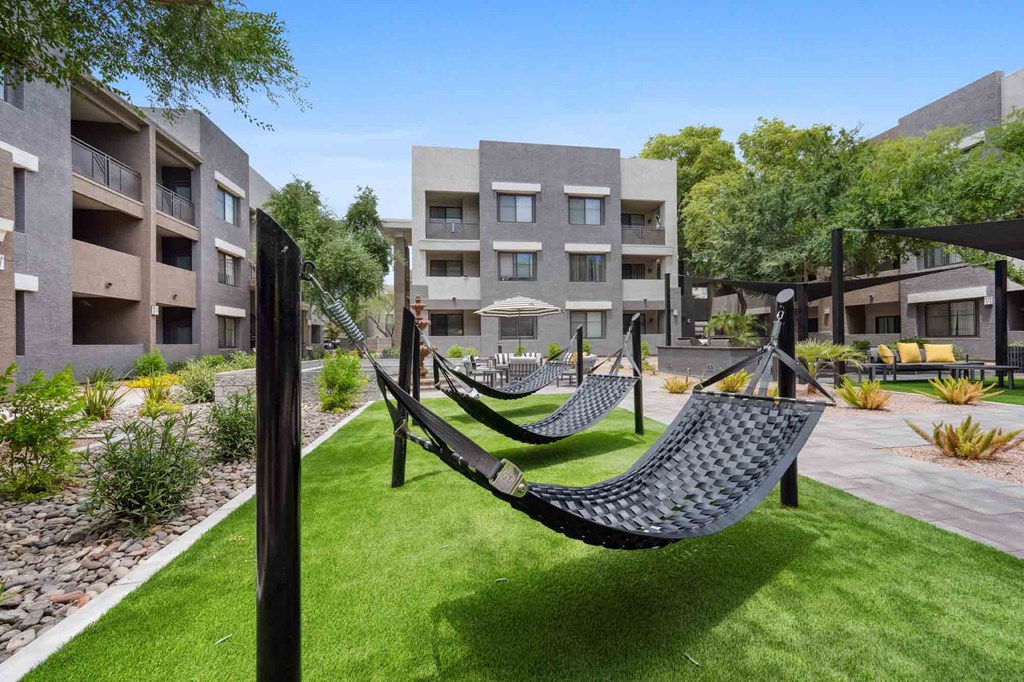 a view of the hammocks in the courtyard