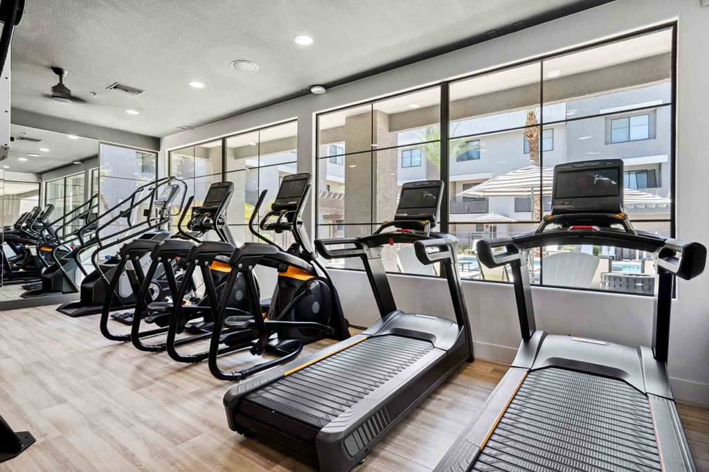 a gym with cardio equipment and large windows