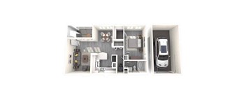 A top-down view of a small apartment with a kitchen, living room, and bathroom.