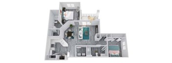 A white model of a house with a kitchen, living room, and bedrooms.