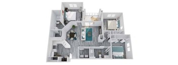 A 3D floor plan of a house with multiple rooms and a central hallway.