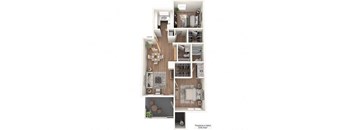 A floor plan of an apartment with a kitchen, living room, and bedrooms.