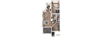 A floor plan of an apartment with a kitchen, living room, and two bedrooms.
