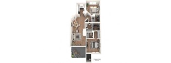 A floor plan of a house with a kitchen, living room, and bathroom.