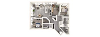 A 3D floor plan of a house with a kitchen, living room, and bedrooms.