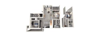 A 3D floor plan of a house with multiple rooms.