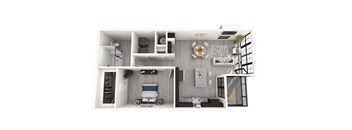 A top-down view of a small apartment with a kitchen, living room, and bathroom.