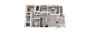 A 3D floor plan of a house with multiple rooms and furniture.