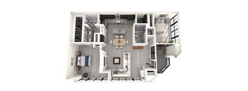 A 3D rendered image of a modern apartment layout.