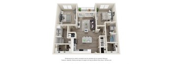 A 3D floor plan of a house with a kitchen, living room, and two bedrooms.