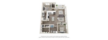 A 3D floor plan of a small apartment with a kitchen, living room, bedroom, and bathroom.