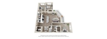 A 3D floor plan of a house with a kitchen, living room, and two bedrooms.