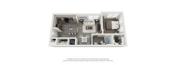 A 3D floor plan of a house with a kitchen, living room, and bedrooms.