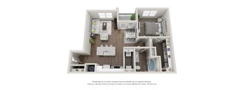 A 3D floor plan of a small apartment with a kitchen, living room, and bathroom.