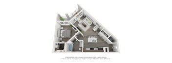 A 3D floor plan of a house with a kitchen, living room, and bathroom.