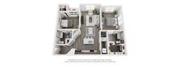 A 3D floor plan of a house with labeled rooms.